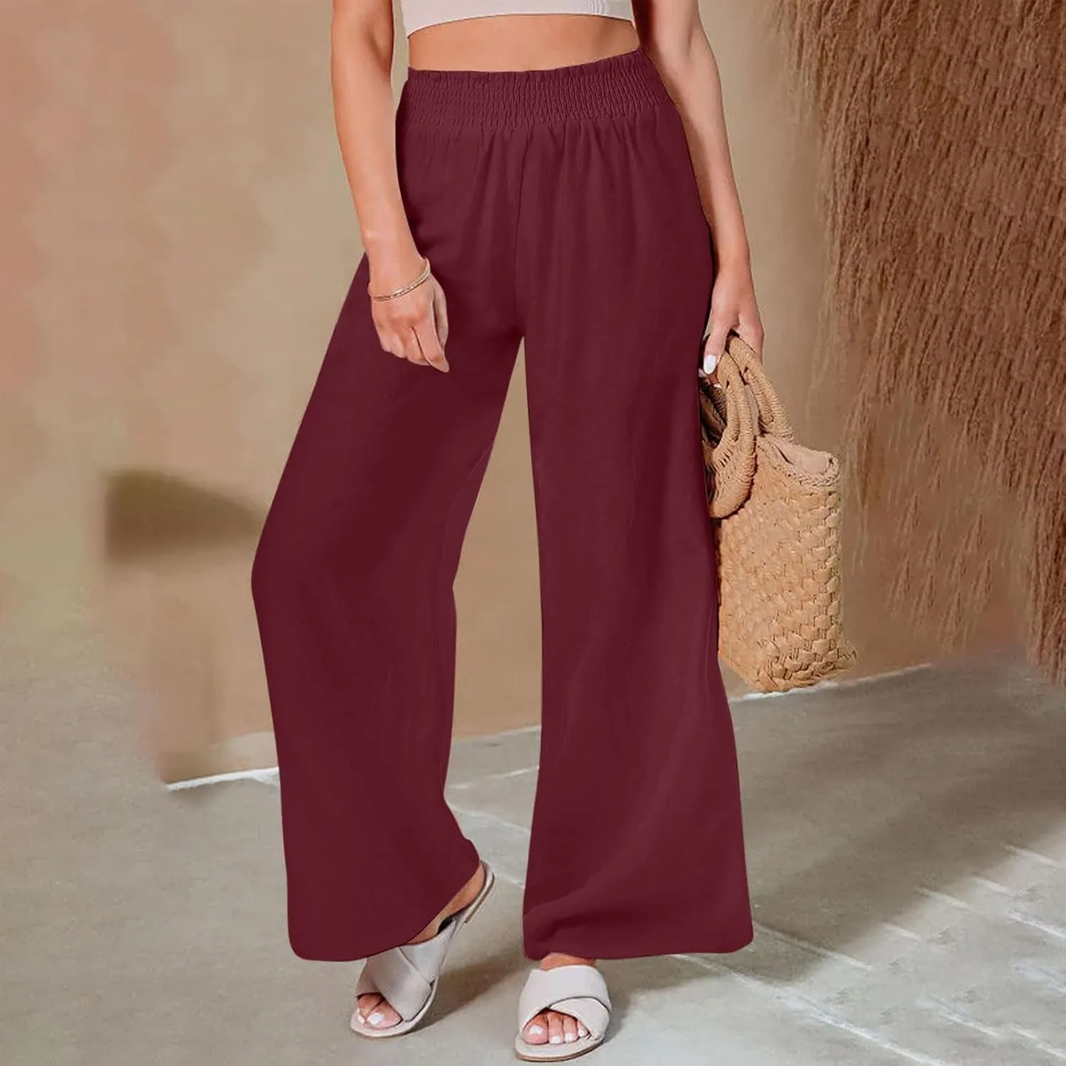 High Cut Flare Wide Leg Trousers Pants for Women Summer Fall Linen Loose Fit Trousers Pants Women 2025