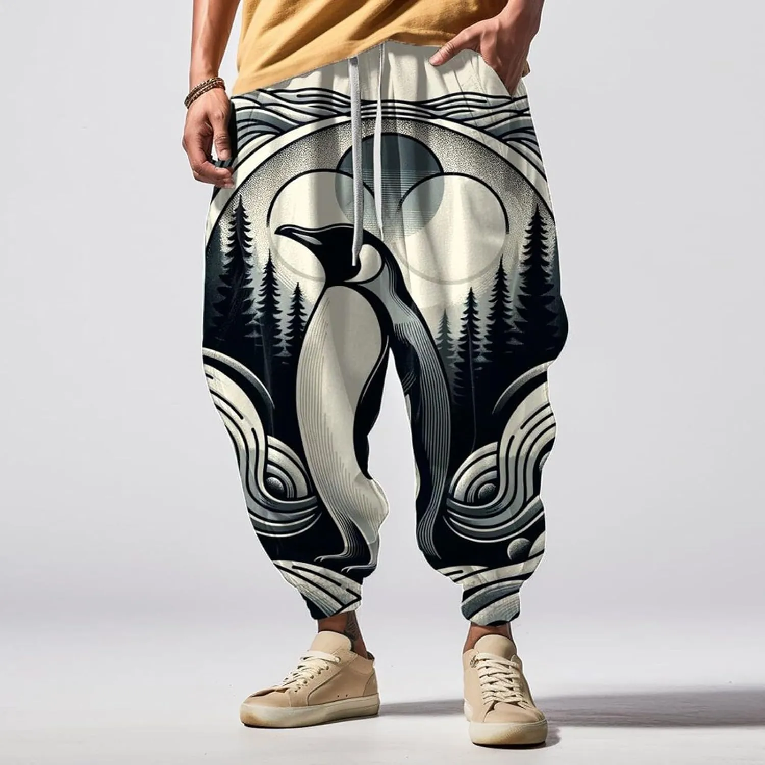 Japanese Pants Mens Joggers Fun Print Fashion Street Feel Sweatpants with Pockets Baggy Elastic Waist Novelty Pant