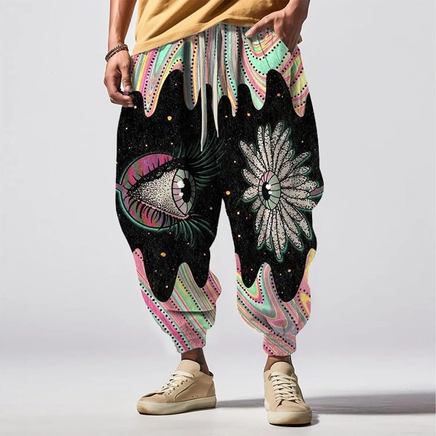 Japanese Pants Mens Joggers Fun Print Fashion Street Feel Sweatpants with Pockets Baggy Elastic Waist Novelty Pant