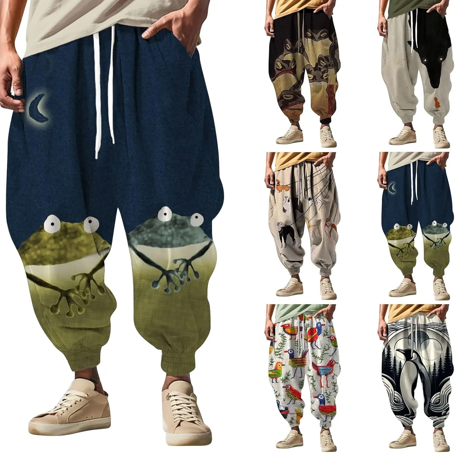Japanese Pants Mens Joggers Fun Print Fashion Street Feel Sweatpants with Pockets Baggy Elastic Waist Novelty Pant