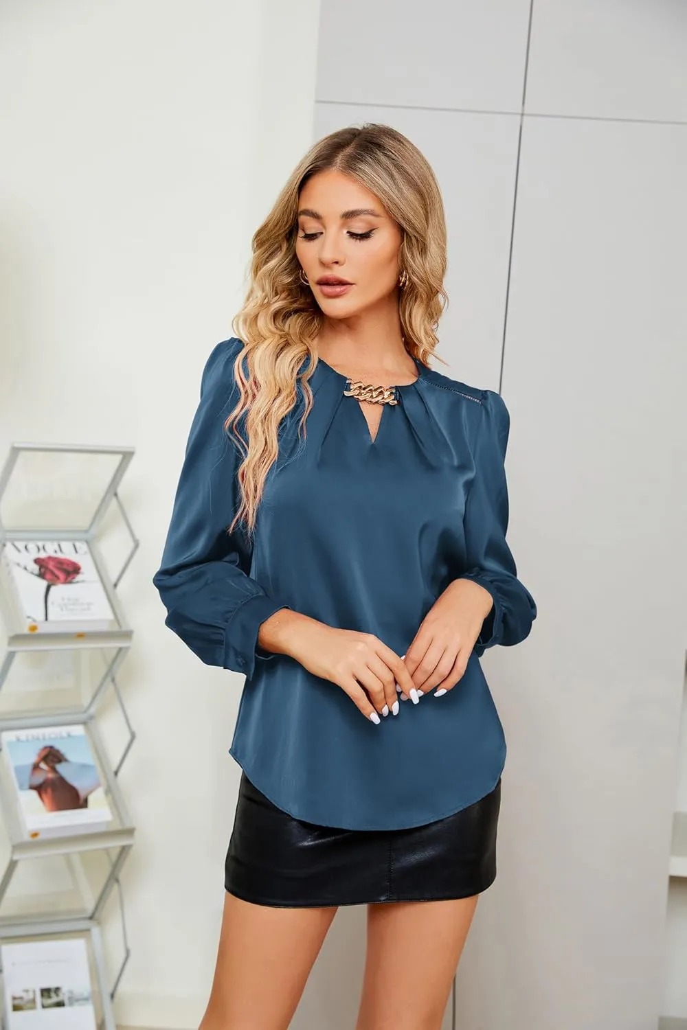 JASAMBAC Women's Satin Silk Blouse 2025 Keyhole Neck Long Sleeve Tops Elegant Casual Office Work Dressy Shirts Pullover Tops