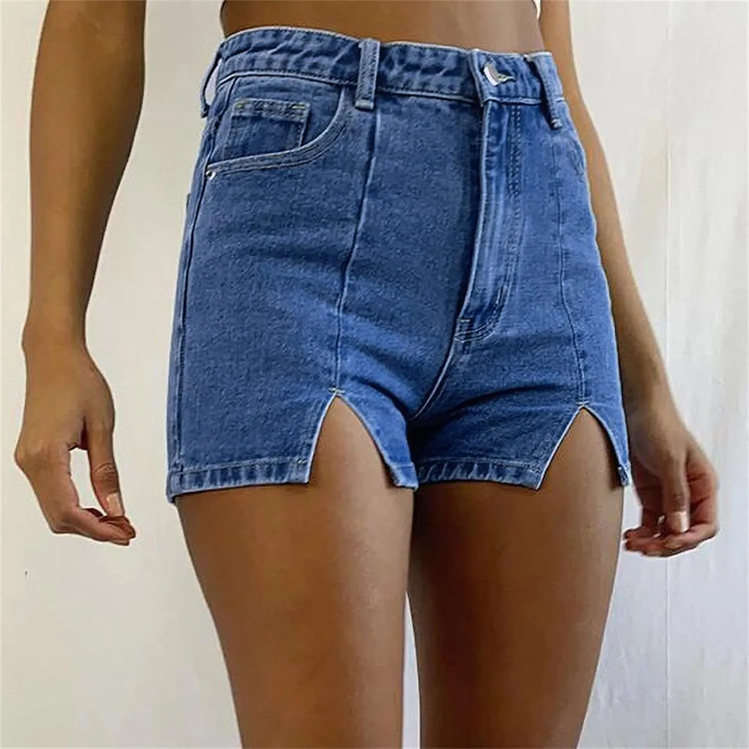 JEKE-DG Women High Waisted Stretchy Denim Shorts Cut Out Hem Stretchy Denim Shorts Skinny Casual Jeans Shorts