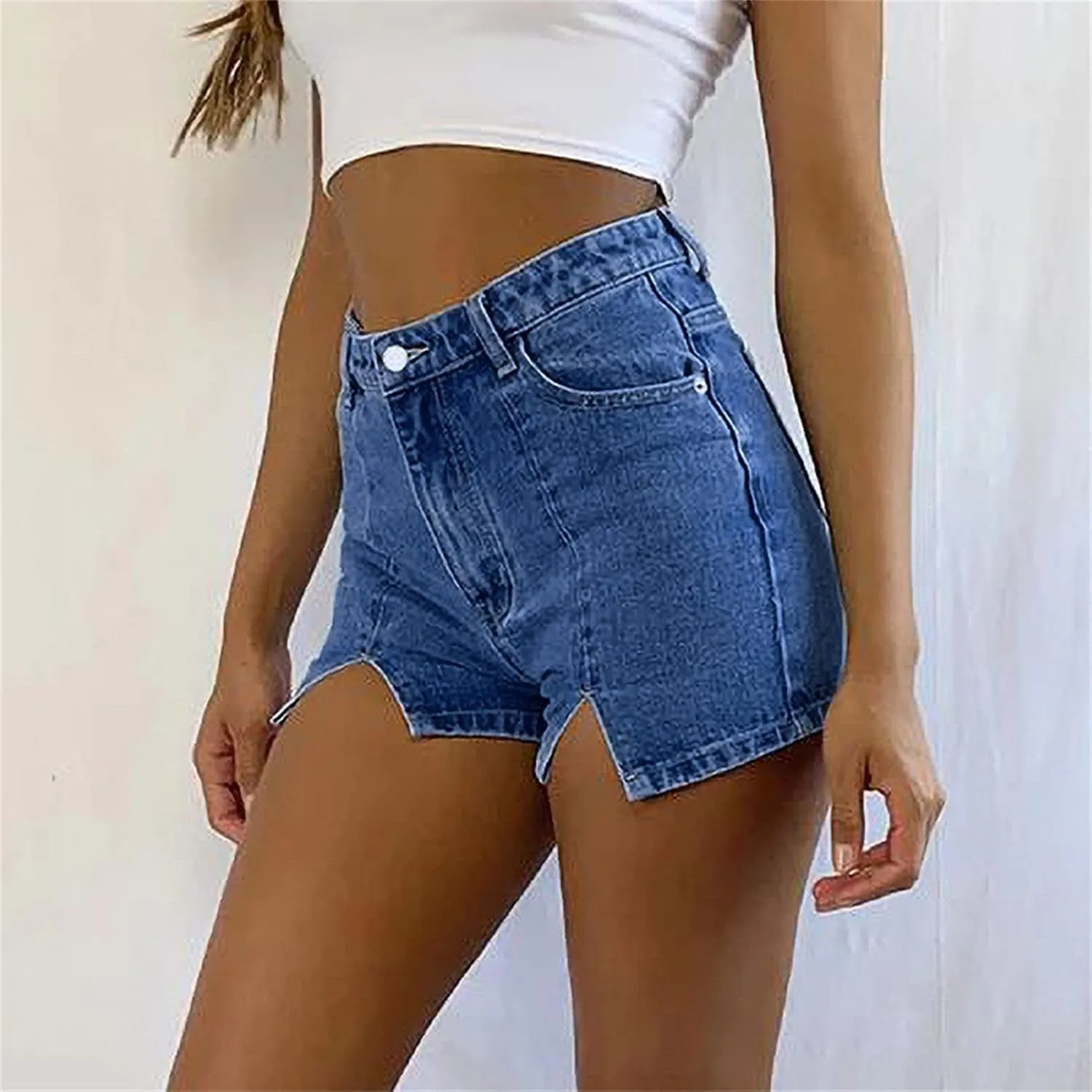 JEKE-DG Women High Waisted Stretchy Denim Shorts Cut Out Hem Stretchy Denim Shorts Skinny Casual Jeans Shorts