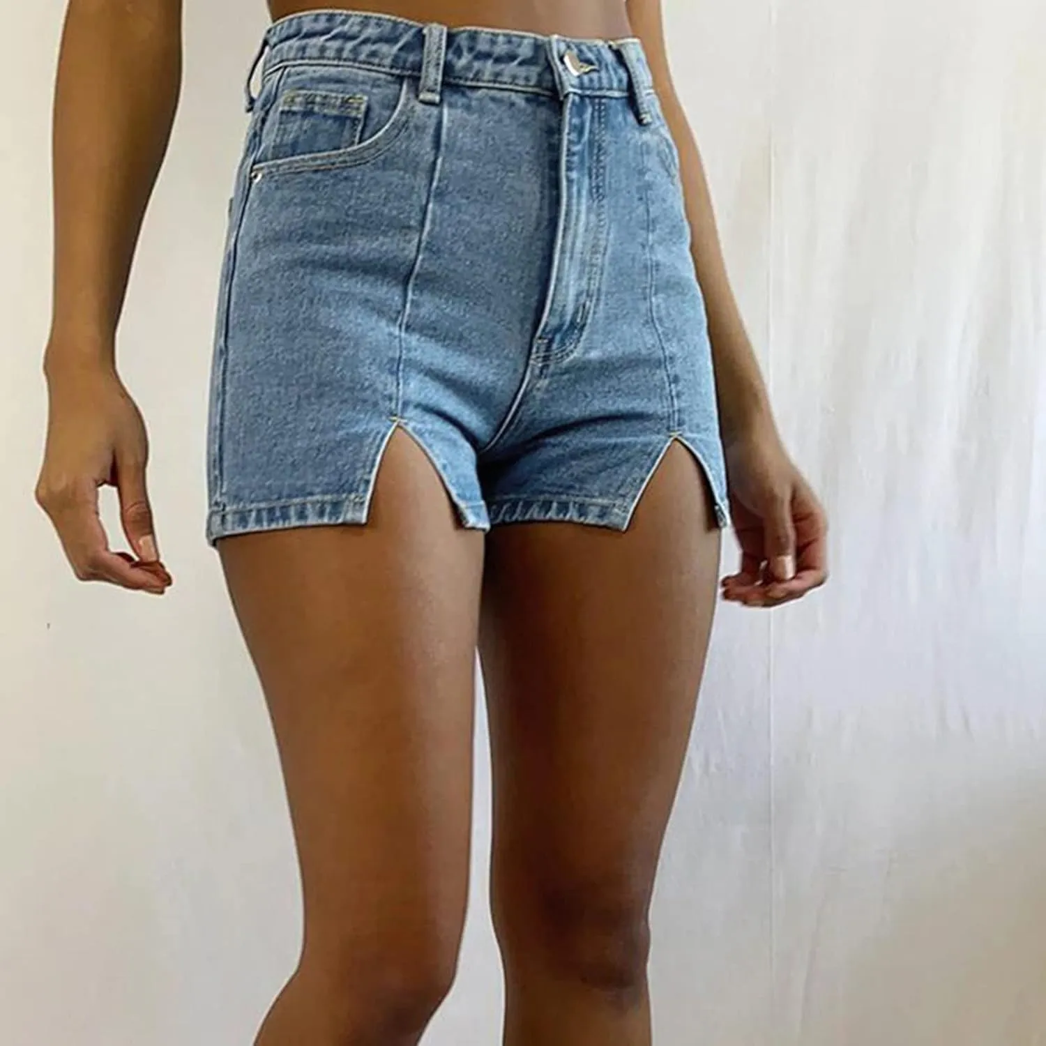 JEKE-DG Women High Waisted Stretchy Denim Shorts Cut Out Hem Stretchy Denim Shorts Skinny Casual Jeans Shorts