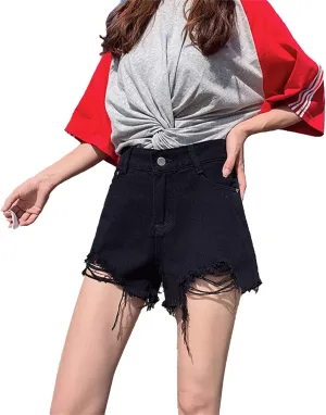 JEKE-DG Women's Ripped Denim Shorts High Waisted Distressed Denim Shorts Frayed Raw Hem Jeans Shorts Casual Pants