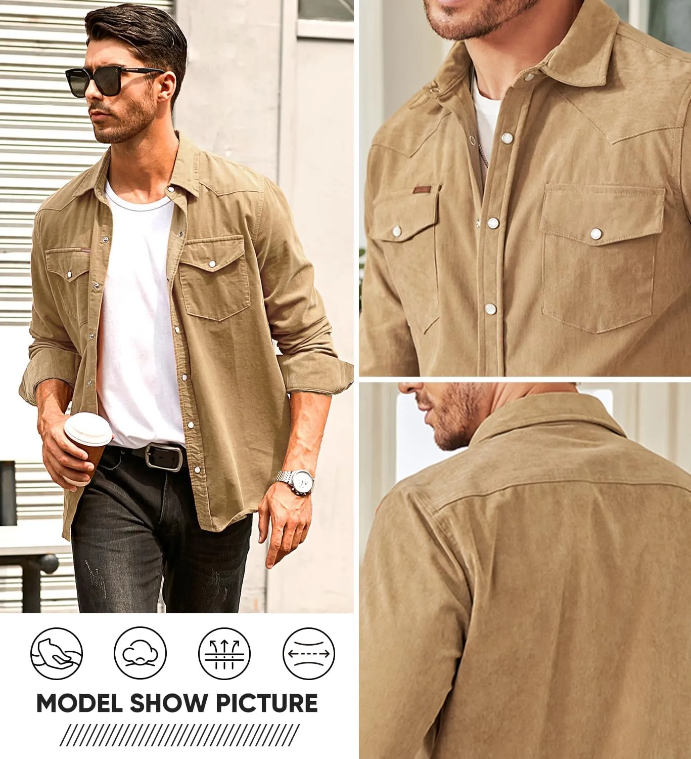 JMIERR Men's Corduroy Shirts Casual Western Long Sleeve Button Down Shacket Jackets with 2 Flap Pocket