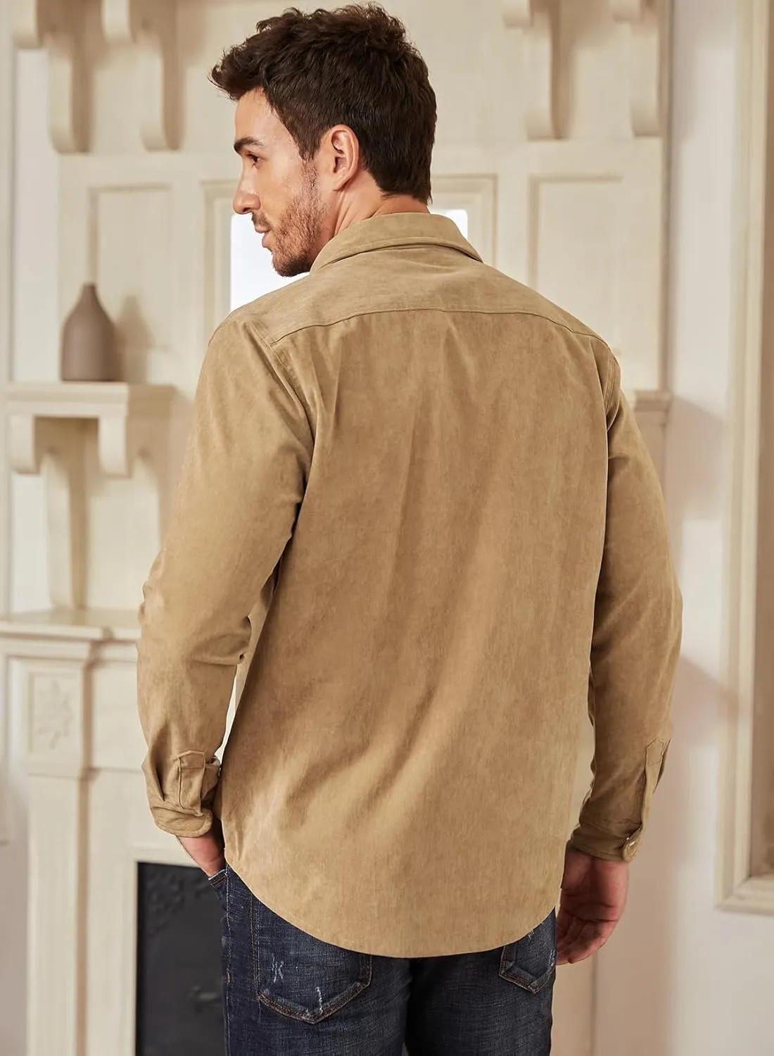 JMIERR Men's Corduroy Shirts Casual Western Long Sleeve Button Down Shacket Jackets with 2 Flap Pocket
