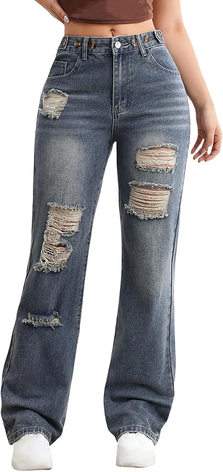 Juniors Loose Fit Denim Pants for Women Cowgirl High Cut Straight Leg Plain Long Leg Summer Fall 2025 Fashion Y2K