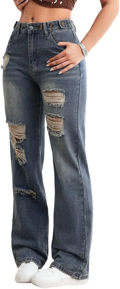 Juniors Loose Fit Denim Pants for Women Cowgirl High Cut Straight Leg Plain Long Leg Summer Fall 2025 Fashion Y2K