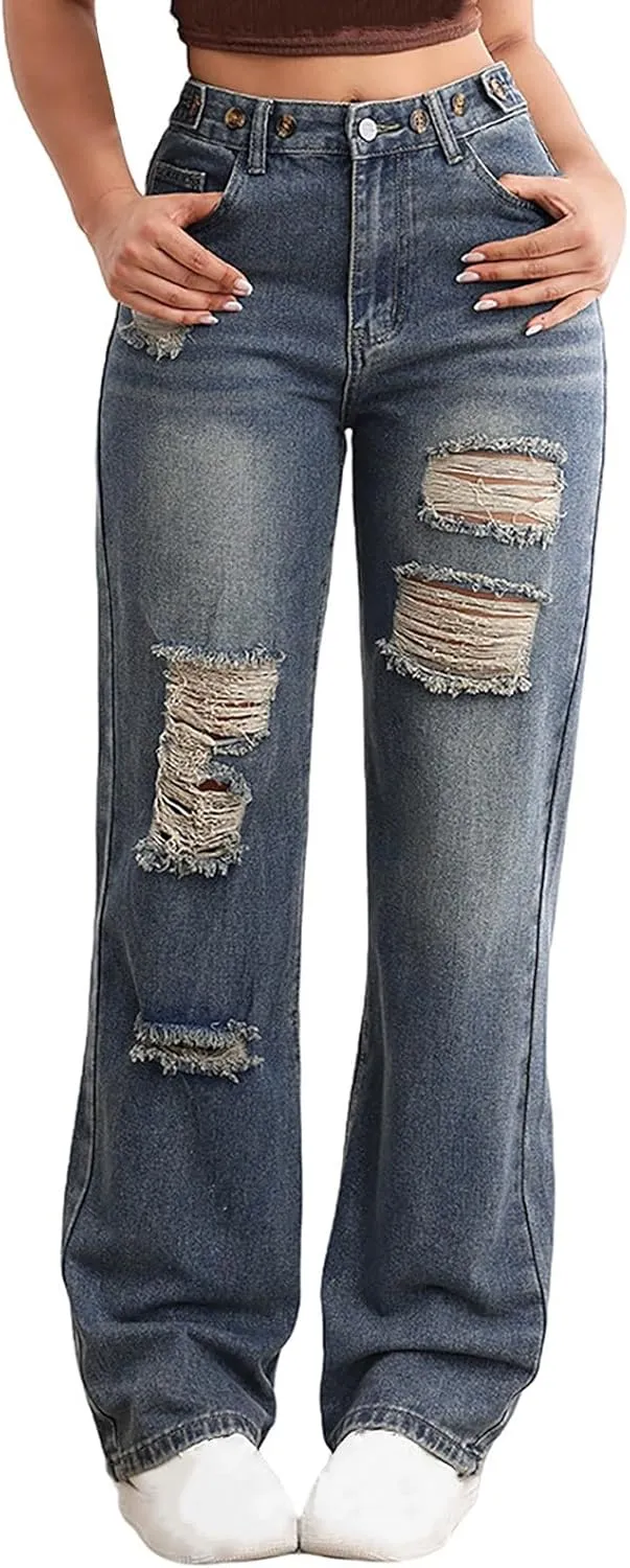 Juniors Loose Fit Denim Pants for Women Cowgirl High Cut Straight Leg Plain Long Leg Summer Fall 2025 Fashion Y2K