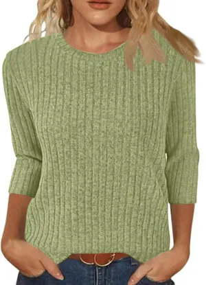 Knit Sweater Women Winter Tops 3/4 Sleeve Ribbed Knit Sweater Trendy Crew Neck Clothing