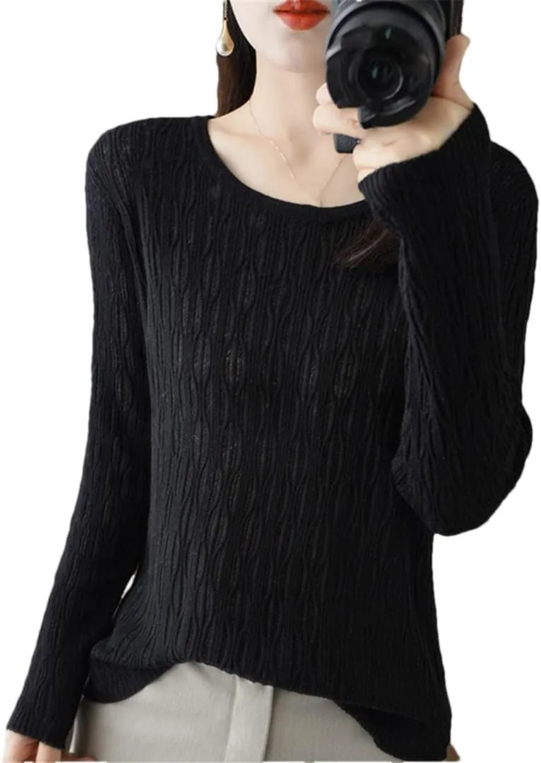 Ladies Hollow Out Cable Knit Pullover Sweaters Women's Crewneck Crochet Knit Sweaters