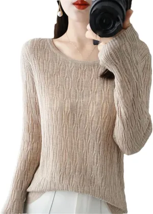 Ladies Hollow Out Cable Knit Pullover Sweaters Women's Crewneck Crochet Knit Sweaters