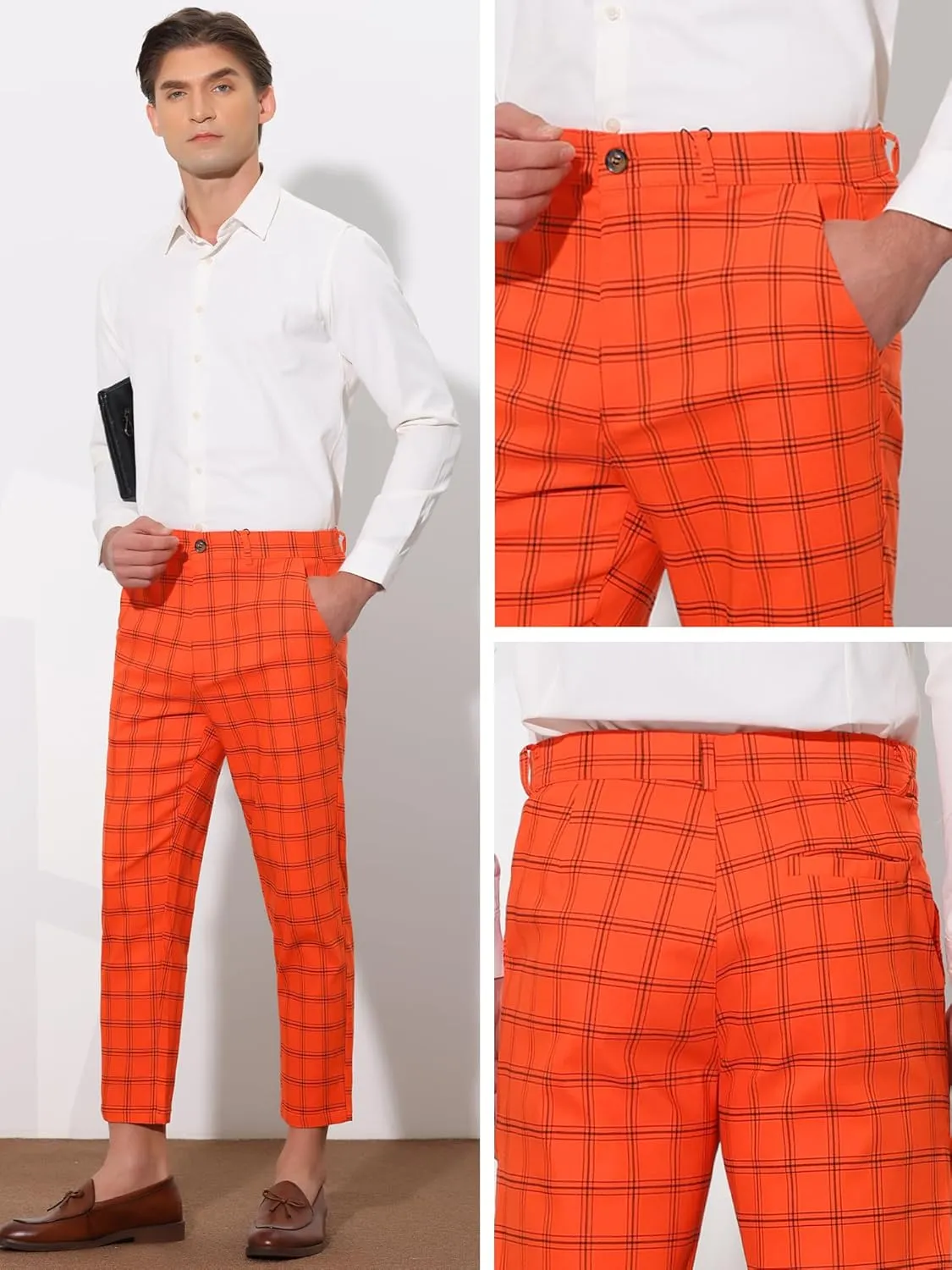 Lars Amadeus Plaid Dress Pants for Men's Flat Front Tapered Cropped Checked Trousers