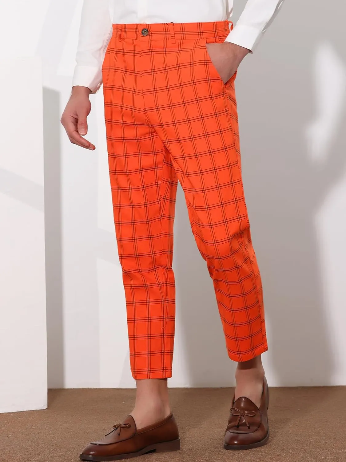 Lars Amadeus Plaid Dress Pants for Men's Flat Front Tapered Cropped Checked Trousers