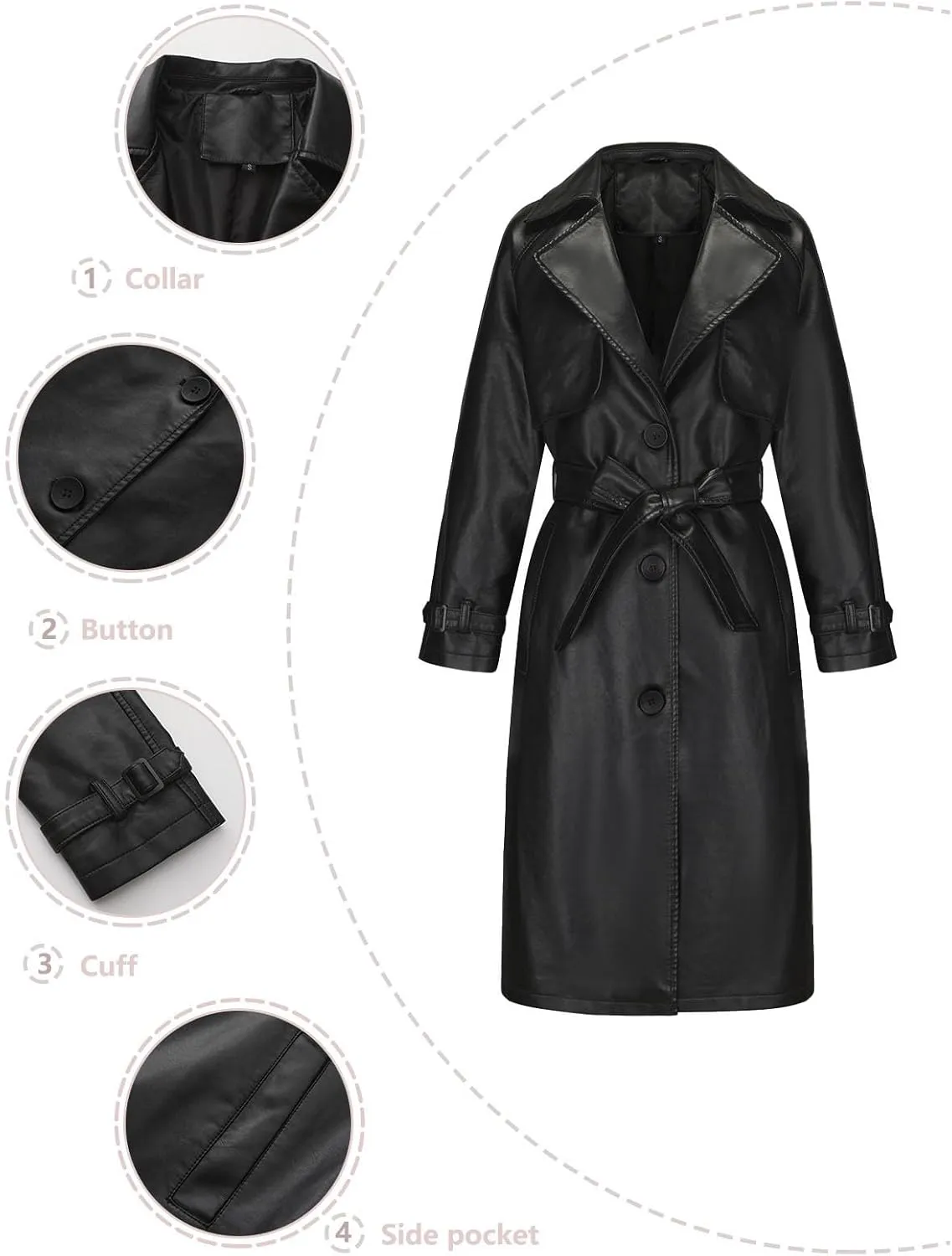 Leather Trench Coat Women Plus Size Single Breasted Pea Coats Notch Collar Long Coats 2024 Winter Jackets with Belt