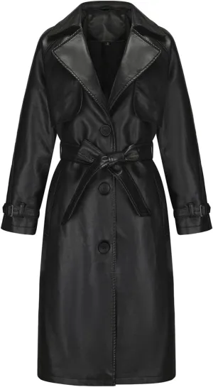 Leather Trench Coat Women Plus Size Single Breasted Pea Coats Notch Collar Long Coats 2024 Winter Jackets with Belt