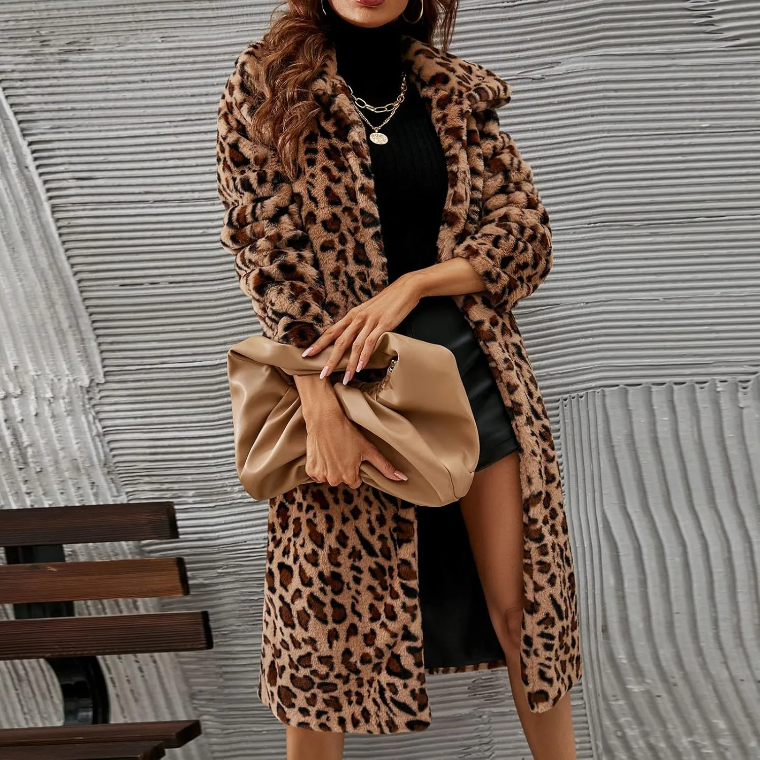 Leopard Printed Trench Coats for Women Luxury Faux Fur Fluffy Winter Cardigan Business Casual Long Sleeve Jackets