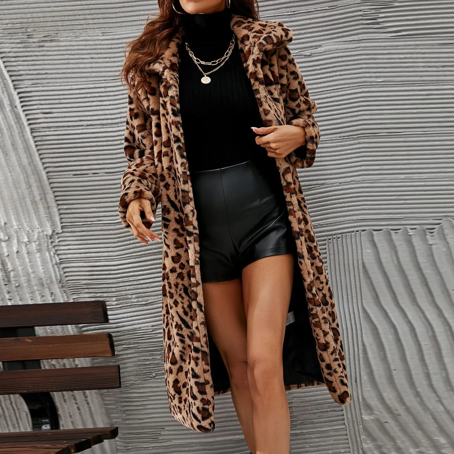 Leopard Printed Trench Coats for Women Luxury Faux Fur Fluffy Winter Cardigan Business Casual Long Sleeve Jackets