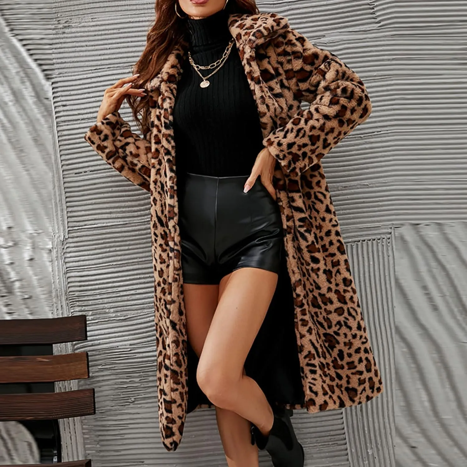 Leopard Printed Trench Coats for Women Luxury Faux Fur Fluffy Winter Cardigan Business Casual Long Sleeve Jackets