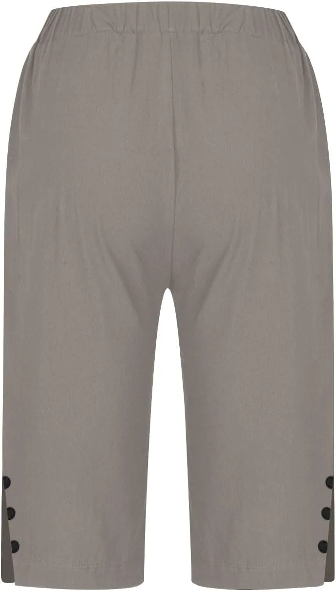 Linen Bermuda Shorts for Women Knee Length Casual Summer Linen Capri Pants Lightweight Beach Shorts with Pockets
