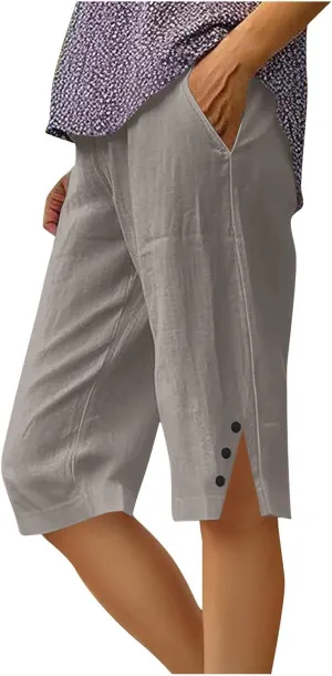 Linen Bermuda Shorts for Women Knee Length Casual Summer Linen Capri Pants Lightweight Beach Shorts with Pockets