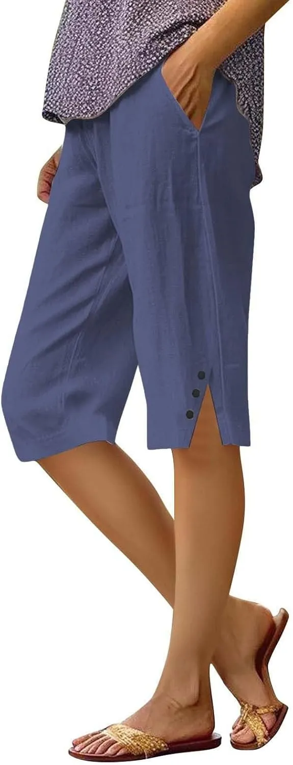 Linen Bermuda Shorts for Women Knee Length Casual Summer Petite Capri Shorts Lightweight Beach Pants with Pockets