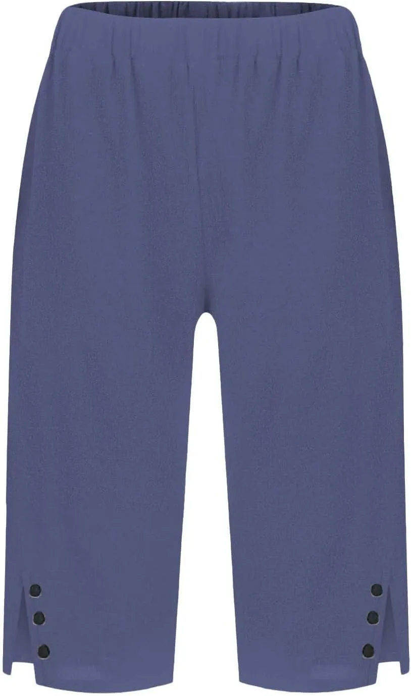 Linen Bermuda Shorts for Women Knee Length Casual Summer Petite Capri Shorts Lightweight Beach Pants with Pockets