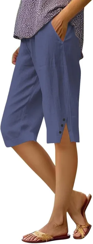 Linen Bermuda Shorts for Women Knee Length Casual Summer Petite Capri Shorts Lightweight Beach Pants with Pockets