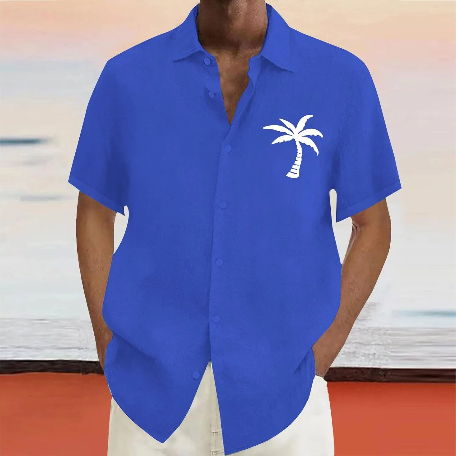 Linen Button Down Shirts Mens Summer Palm Print Short Sleeve Tropical Beach Tops Lightweight Quick Dry Hawaiian Shirt