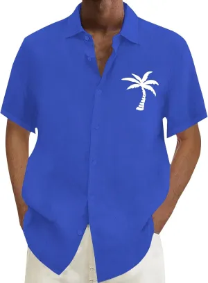 Linen Button Down Shirts Mens Summer Palm Print Short Sleeve Tropical Beach Tops Lightweight Quick Dry Hawaiian Shirt