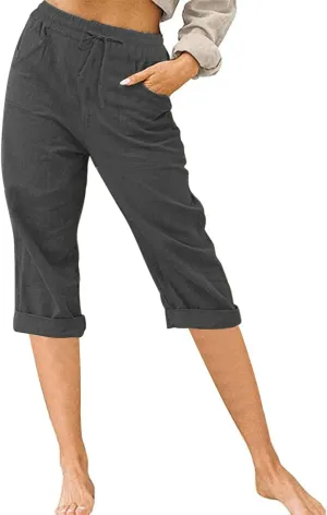 Linen Capri Pants for Women Casual Summer Knee Length Cropped Pants Lightweight Loose Comfy Yoga Capris with Pockets