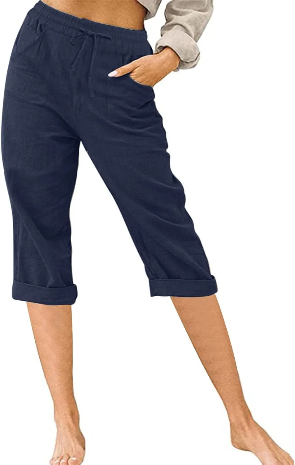Linen Capri Pants for Women Casual Summer Knee Length Cropped Pants Lightweight Loose Comfy Yoga Capris with Pockets
