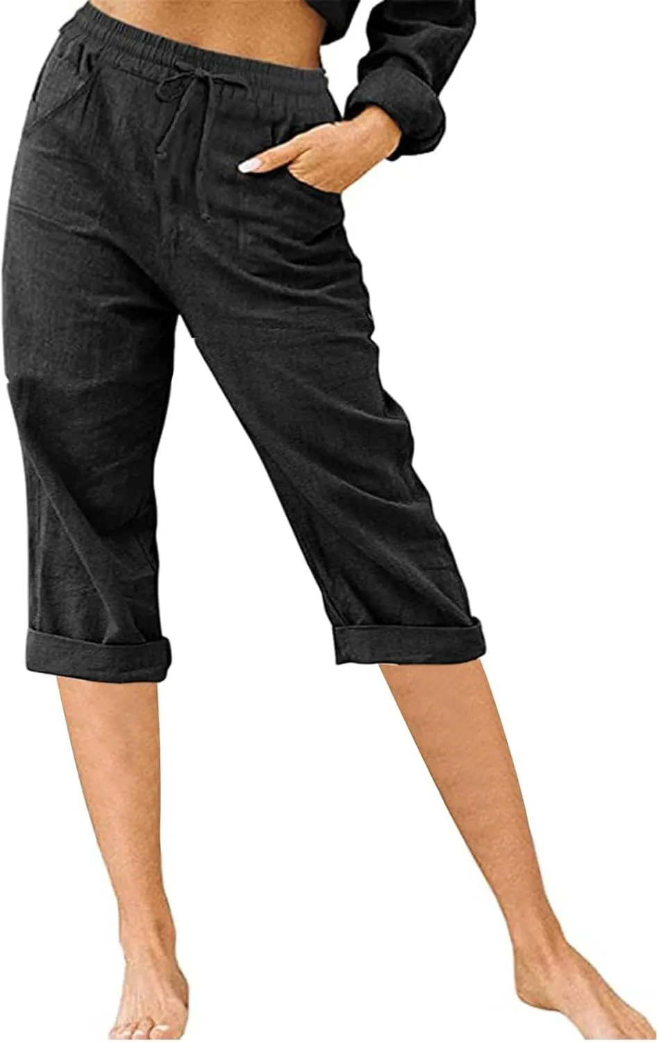 Linen Capri Pants for Women Casual Summer Knee Length Cropped Pants Lightweight Loose Comfy Yoga Capris with Pockets
