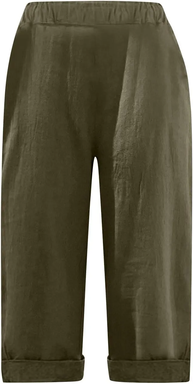 Linen Capri Pants for Women Casual Summer Knee Length Cropped Pants Lightweight Loose Comfy Yoga Capris with Pockets