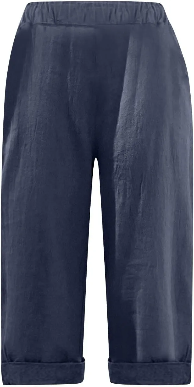 Linen Capri Pants for Women Casual Summer Knee Length Cropped Pants Lightweight Loose Comfy Yoga Capris with Pockets
