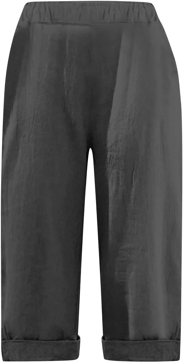 Linen Capri Pants for Women Casual Summer Knee Length Cropped Pants Lightweight Loose Comfy Yoga Capris with Pockets