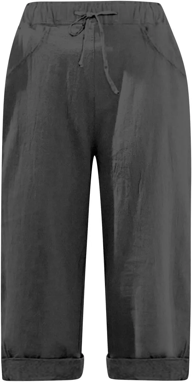 Linen Capri Pants for Women Casual Summer Knee Length Cropped Pants Lightweight Loose Comfy Yoga Capris with Pockets