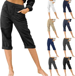Linen Capri Pants for Women Casual Summer Knee Length Cropped Pants Lightweight Loose Comfy Yoga Capris with Pockets