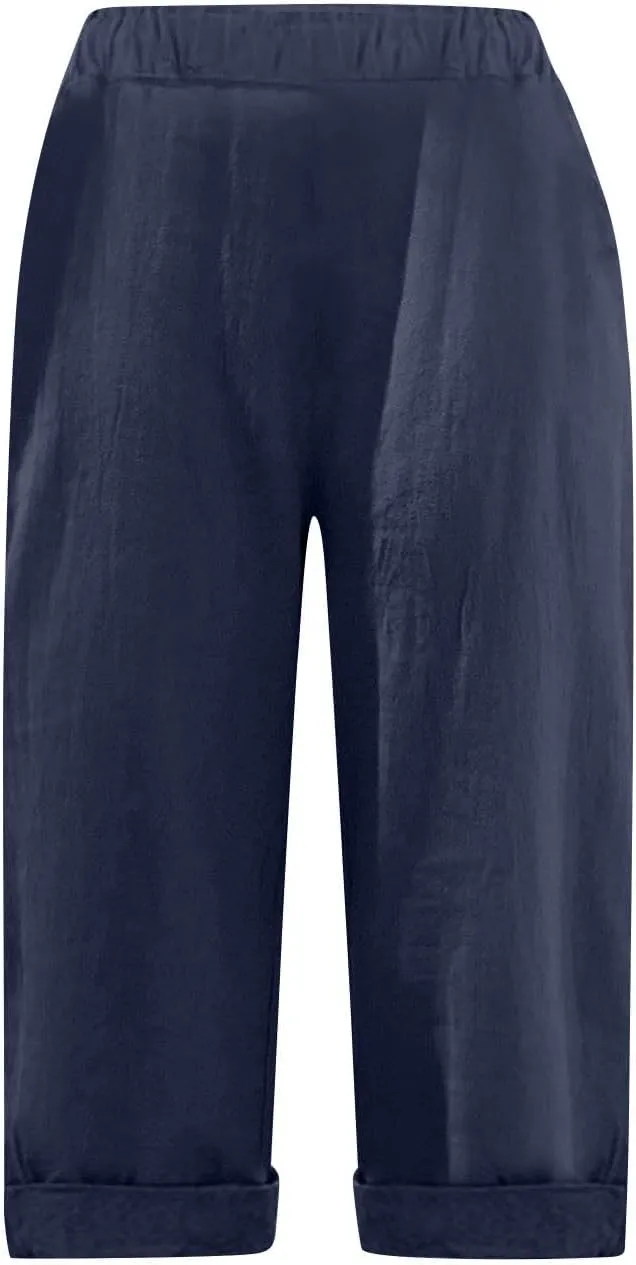 Linen Capri Pants for Women Casual Summer Knee Length Cropped Pants Lightweight Loose Comfy Yoga Capris with Pockets