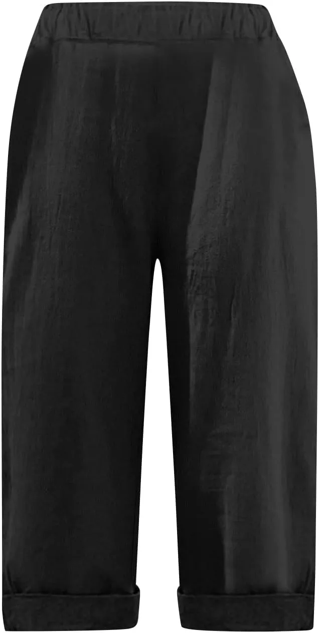 Linen Capri Pants for Women Casual Summer Knee Length Cropped Pants Lightweight Loose Comfy Yoga Capris with Pockets