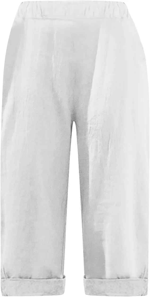 Linen Capri Pants for Women Casual Summer Knee Length Cropped Pants Lightweight Loose Comfy Yoga Capris with Pockets