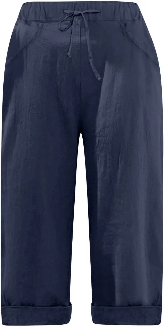 Linen Capri Pants for Women Casual Summer Knee Length Cropped Pants Lightweight Loose Comfy Yoga Capris with Pockets