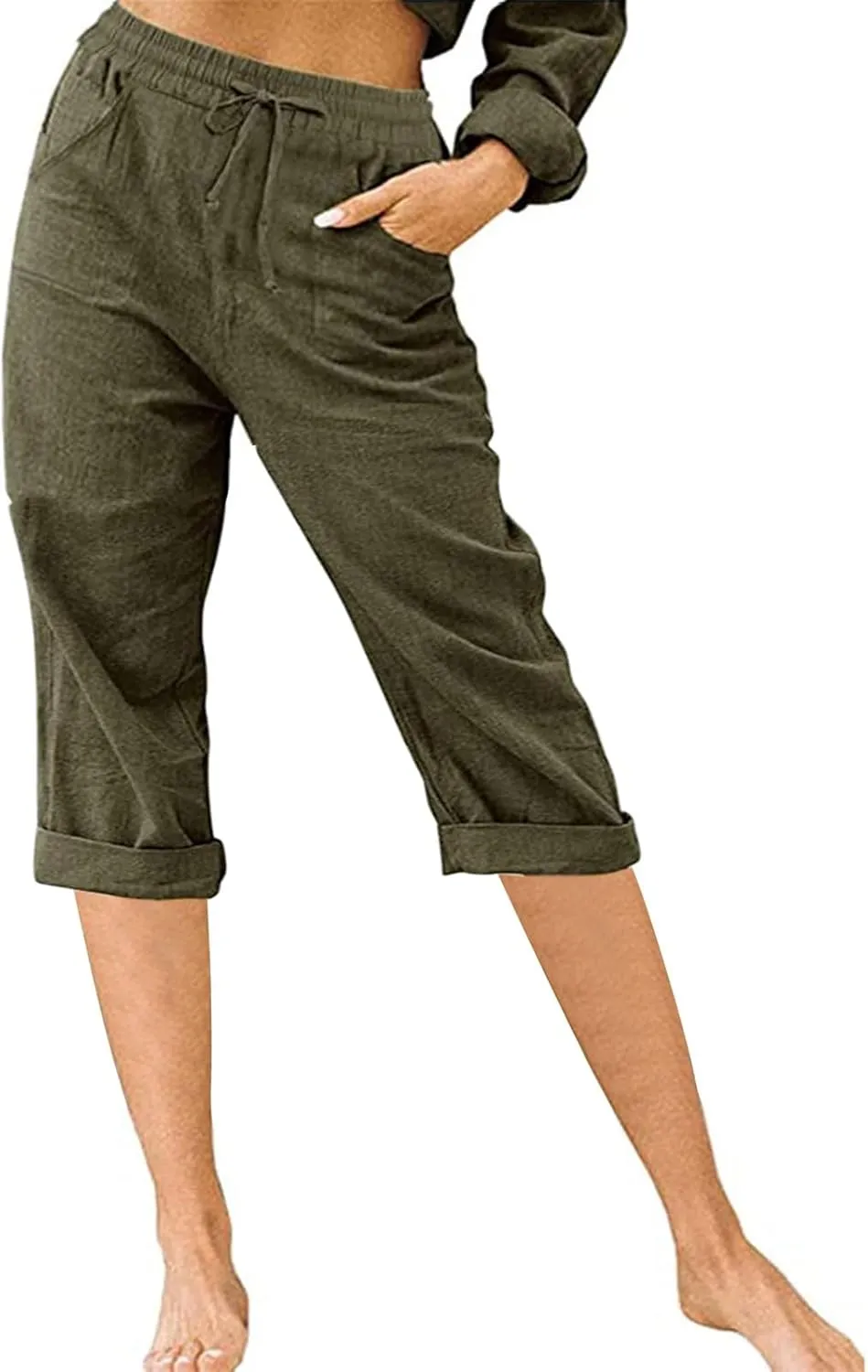 Linen Capri Pants for Women Casual Summer Knee Length Cropped Pants Lightweight Loose Comfy Yoga Capris with Pockets