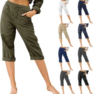 Linen Capri Pants for Women Casual Summer Knee Length Cropped Pants Lightweight Loose Comfy Yoga Capris with Pockets