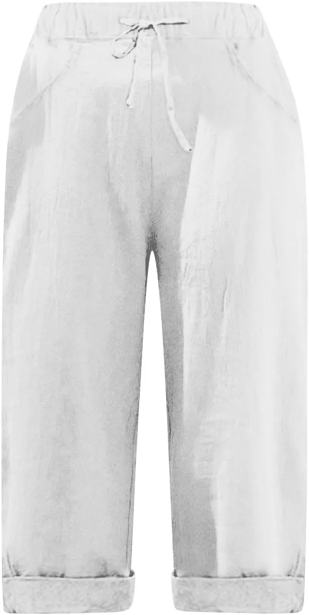 Linen Capri Pants for Women Casual Summer Knee Length Cropped Pants Lightweight Loose Comfy Yoga Capris with Pockets