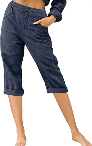 Linen Capri Pants for Women Casual Summer Knee Length Cropped Pants Lightweight Loose Comfy Yoga Capris with Pockets