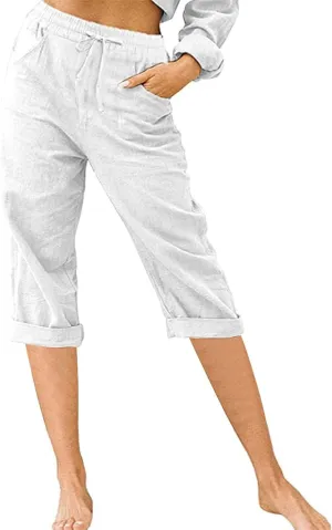 Linen Capri Pants for Women Casual Summer Knee Length Cropped Pants Lightweight Loose Comfy Yoga Capris with Pockets