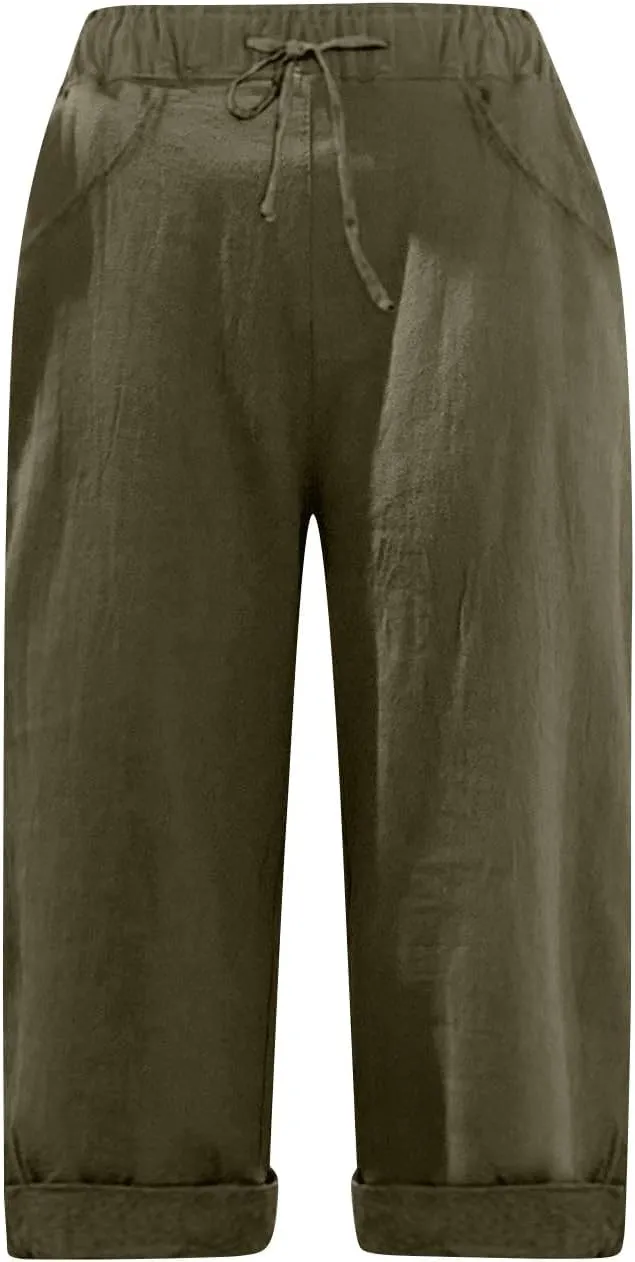 Linen Capri Pants for Women Casual Summer Knee Length Cropped Pants Lightweight Loose Comfy Yoga Capris with Pockets