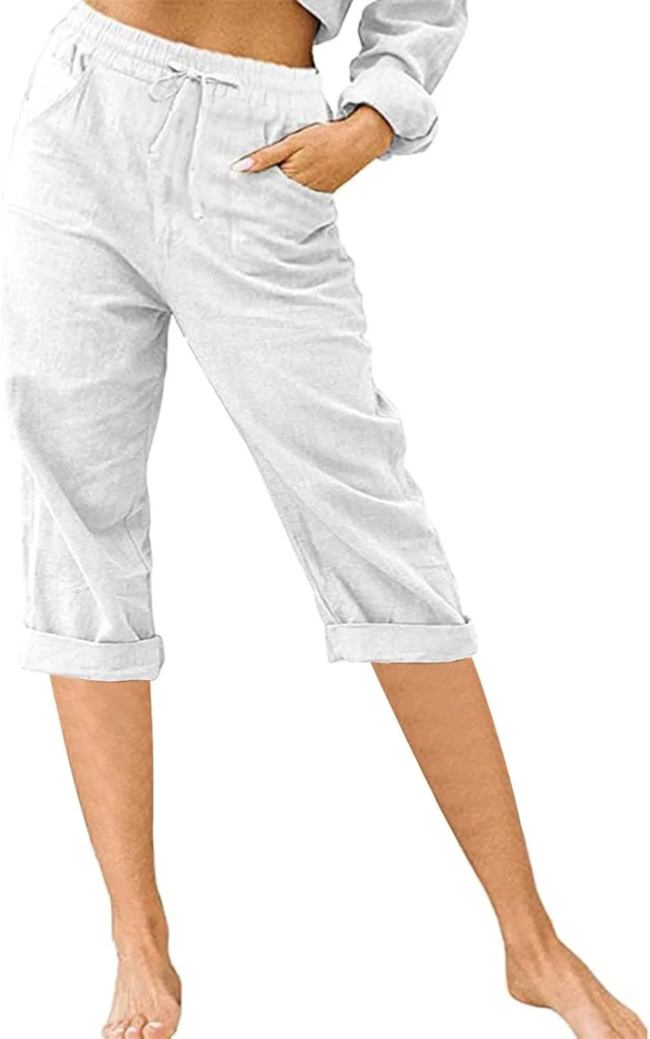 Linen Capri Pants for Women Casual Summer Knee Length Cropped Pants Lightweight Loose Comfy Yoga Capris with Pockets